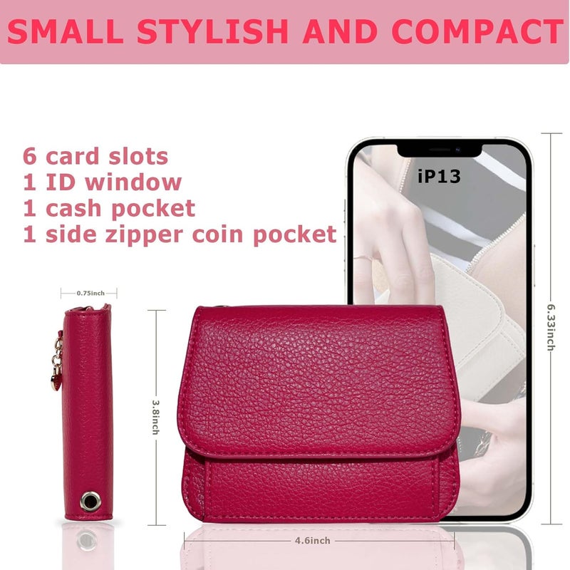 Sunpour Women Small Wallet RFID Blocking Slim Wallet with Coin Pocket Tri-Fold Credit Card Holder with ID Window and Keychain (Red) - Image 2